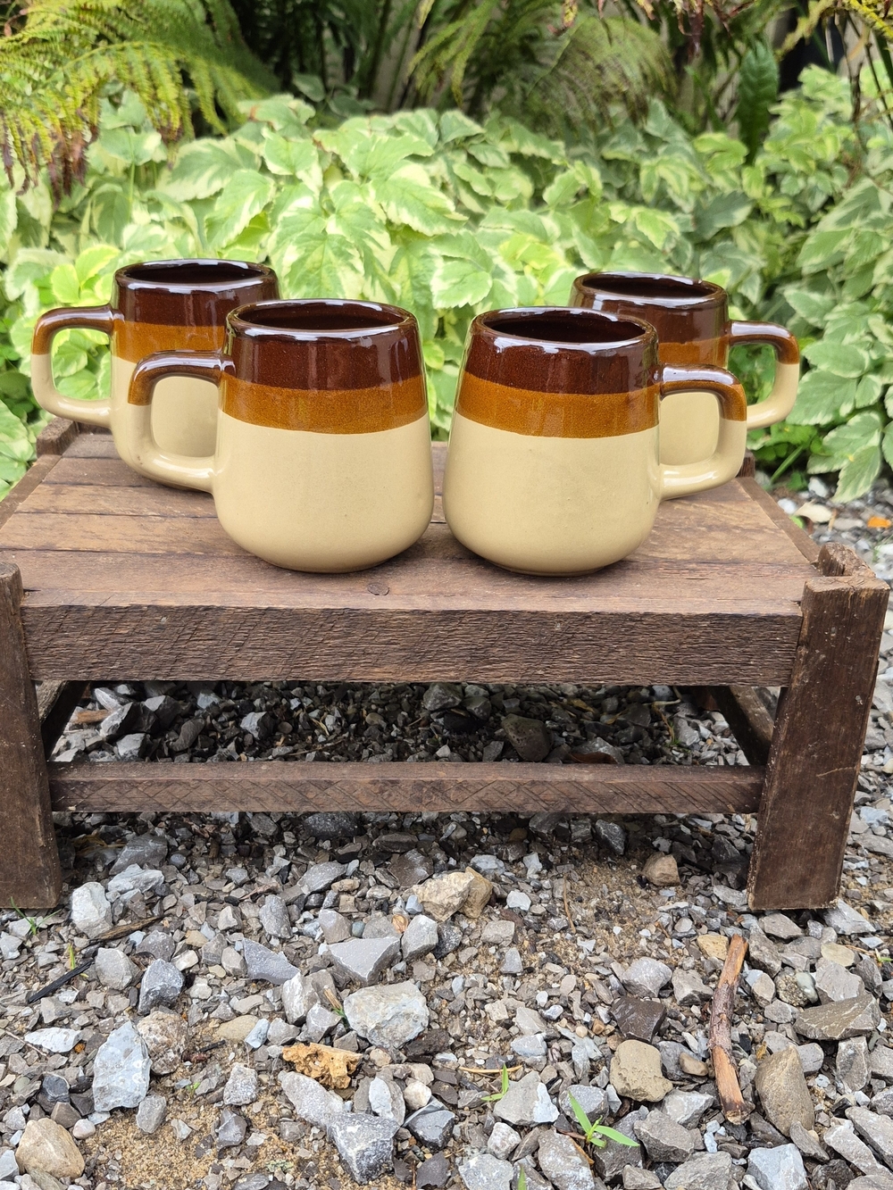 VTG 1970s Tri-Color Stoneware Mugs - Set of 4 (MCM Earth Tone Coffee Cups)